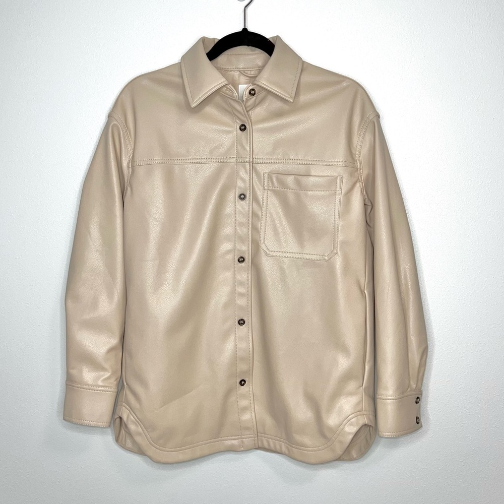 H&M Faux Vegan Leather Collared Shacket Jacket Button Beige Tan Size Small